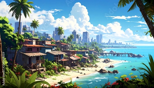 Tropical landscape featuring a city skyline, coastal houses, sandy beach, and turquoise water