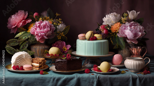 elegant desserts on colored background, moody still life