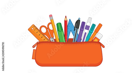 Orange pencil case filled with various colorful school stationery supplies