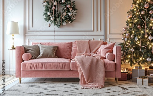 Pink velvet sofa sits in a beautifully decorated living room with a Christmas tree and wreath