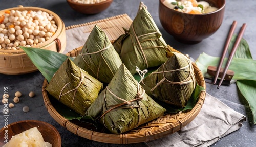 Triangle shaped rice dumplings wrapped in leaves, served on a platter with grains, with chopstick and dim background