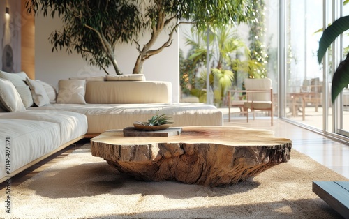Modern living room with a unique, large, tree-trunk coffee table on a beige rug, complemented by a beige sofa and lush greenery.