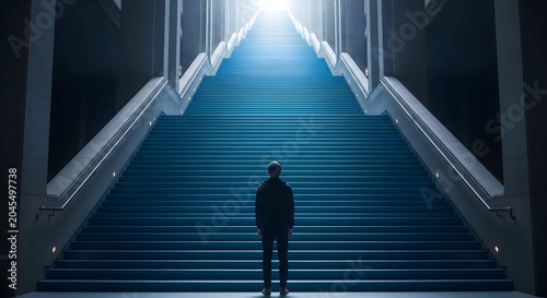 Man walking up stairs towards bright light