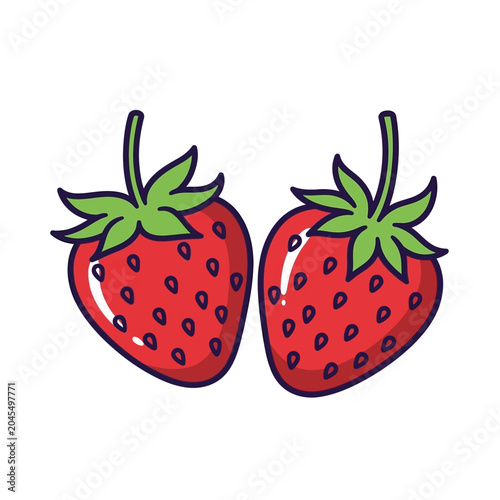 Two Ripe Strawberries with Green Leaves, Fresh Fruit Illustration