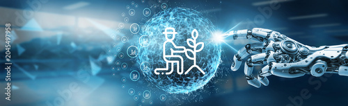 Foto A robotic hand holding a global network connection symbolizes renewable energy t