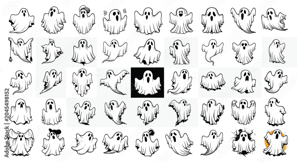 Obraz premium Large set of cute and spooky hand drawn cartoon ghost characters with various facial expressions and floating poses on a grid background.