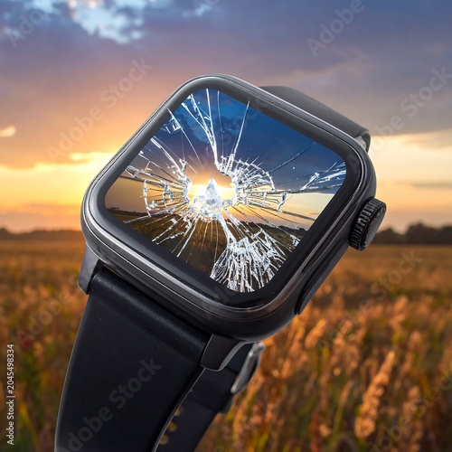 A smartwatch with a shattered screen displays an outdoor vista at sunset. The device rests in tall grass