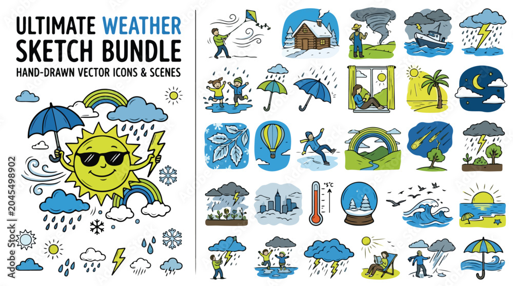 Obraz premium Hand-drawn weather sketch bundle, ultimate collection of 25 vector icons and scenes, meteorology doodle set for climate forecasting and seasonal design