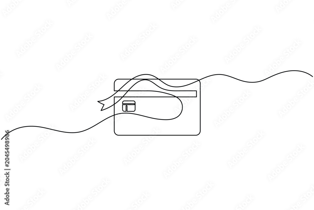 Fototapeta premium Credit card and ribbon continuous one line drawing minimalist banking payment gift bonus vector illustration