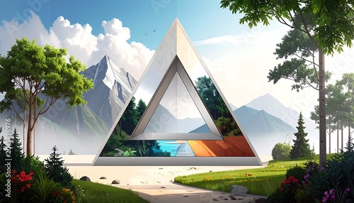 Triangular structure reflects nature with lush trees and mountains