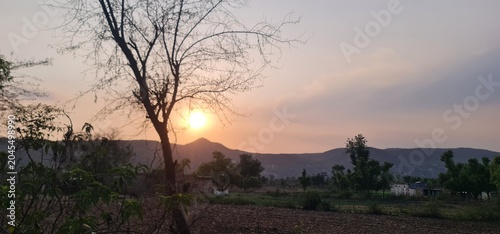 Scenic Mountain Landscape During Sunset with Sun Shining Behind Tree Branches Creating Silhouette Effect