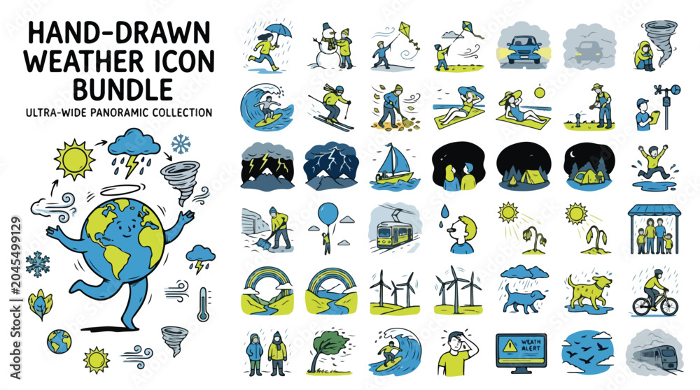 Fototapeta premium Hand-drawn weather icon bundle, ultra-wide panoramic collection of climate symbols, doodle style meteorological vector set for news and forecasting