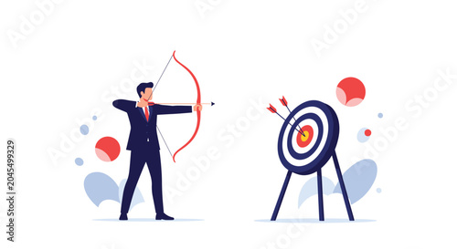 Successful businessman wearing a suit aims a bow and arrow at a target representing goal achievement and precision.