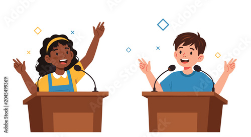 Two excited children stand at podiums with microphones while giving an public speech or participating in a debate.