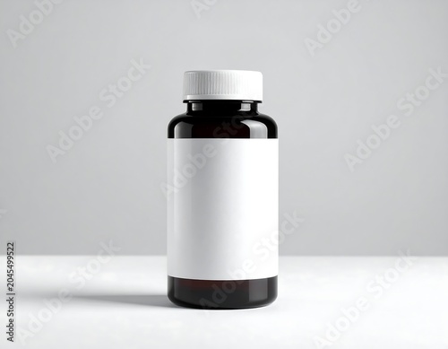 A tall, brown glass bottle with a white lid and a blank, white label sits on a white surface against a gray background