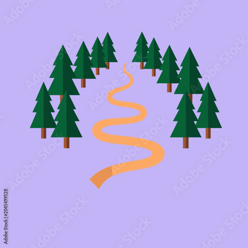 Winding Path Through Pine Forest on Pastel Background