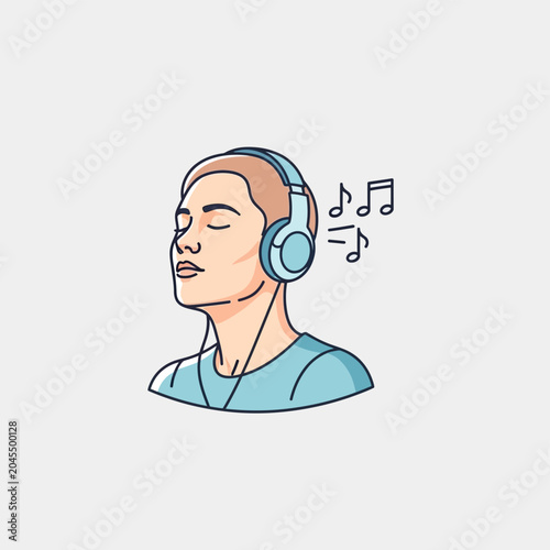 Young Man Listening Music with Headphones, Relaxing, Enjoying Sound