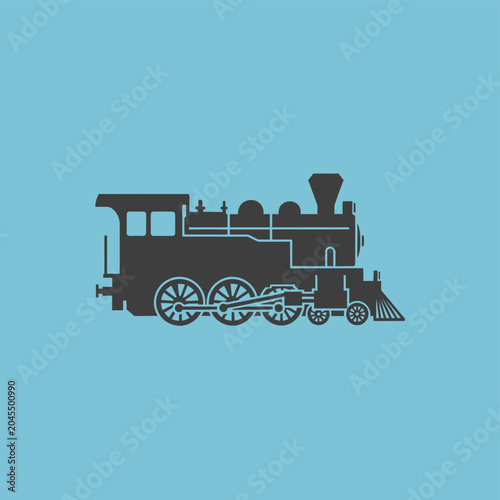 Vintage Steam Locomotive Silhouette on Blue Background