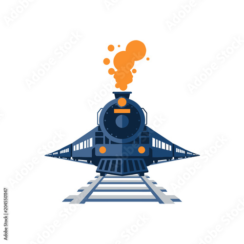 Vintage Steam Train on Tracks, Front View, Orange Smoke