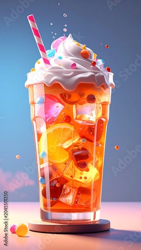 A tall glass of an orange-hued beverage, topped with whipped cream and sprinkles, ice, and a striped straw, on a coaster