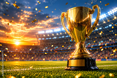 Golden Championship Trophy on Soccer Field