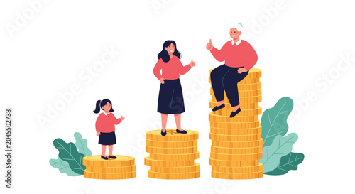 Three generations of women standing on growing stacks of gold coins representing family savings and retirement planning over time.