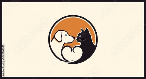 Minimalist circular pet logo with a cat and dog forming a heart shape
