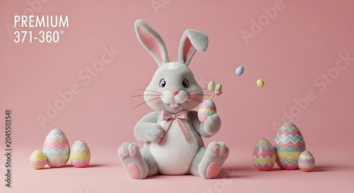 Cute plush easter bunny sitting with decorated eggs on pink background