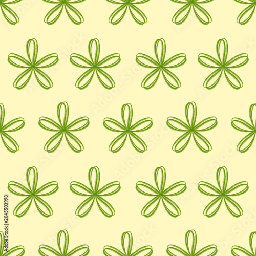 Seamless Pattern with Hand Drawn Green Outline Flowers on Light Yellow Background
