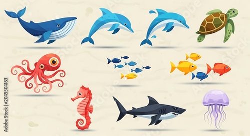Set of colorful ocean animals in flat design illustration