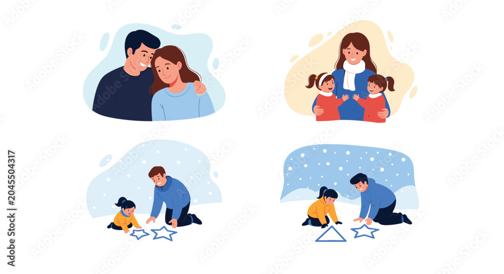Fototapeta premium Set of four heartwarming illustrations depicting families enjoying time together in different situations including winter fun.