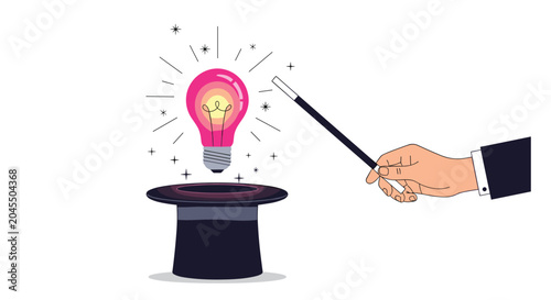Magician hand performs a trick with a magic wand over a black top hat causing a pink glowing lightbulb to appear with magical sparkles.