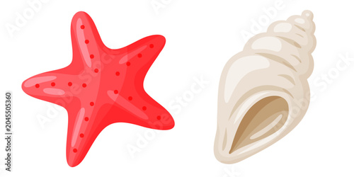 Red Starfish and White Spiral Seashell Set Clipart