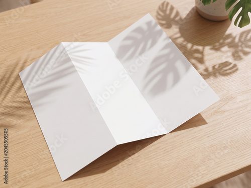 Blank white trifold brochure mockup on wooden table with tropical plant shadow