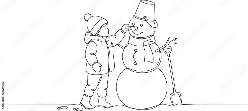 Fototapeta premium Winter kids, child building snowman, outdoor fun, cold weather activity, vector illustration