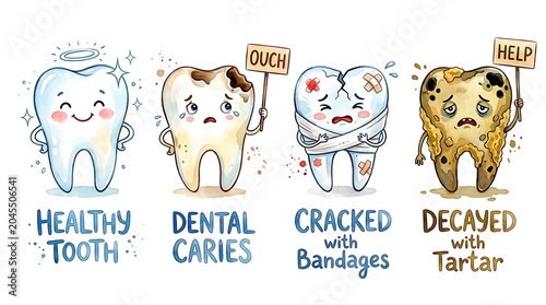 Illustrated stages of dental health showing healthy tooth, decay, damage, and tartar buildup