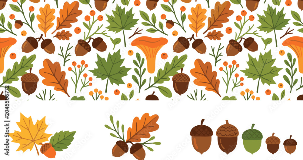 Fototapeta premium Autumn Forest Pattern Vector Collection with Oak Leaves, Acorns, Mushrooms, and Fall Botanical Elements for Seasonal Designs