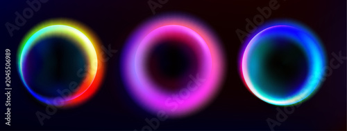 Tableau sur toile Glowing rainbow circles set isolated on black background