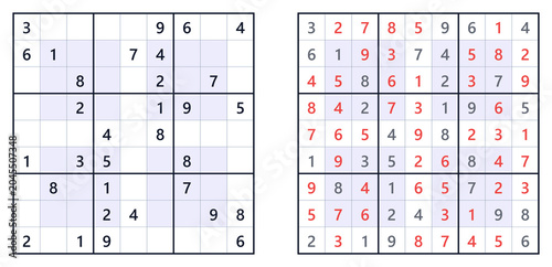 Fotografía Sudoku puzzle variant with shaded extra regions, showing unsolved and solved grids side by side