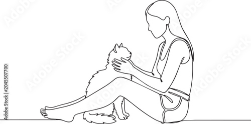 Canvastavla Woman petting cat, line art, minimalist illustration, pet love, animal affection