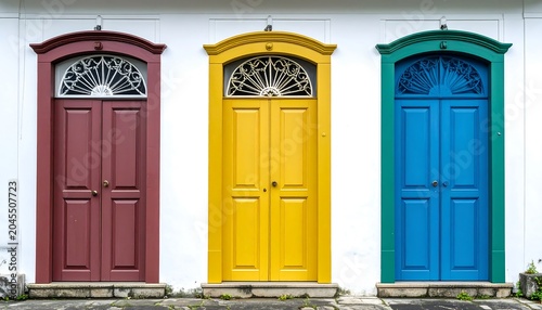 Trio of colorful doors set against a white wall, each with unique arch details and decorative fanlights above