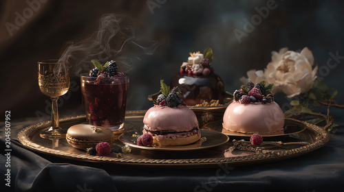 elegant desserts on colored background, moody still life
