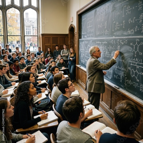 University professor delivering lecture to students in classic academic lecture hall