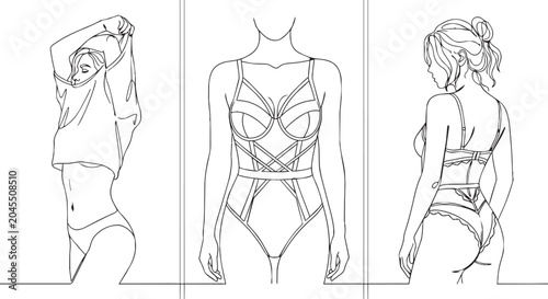 Women's lingerie, underwear illustrations, line art, fashion design elements, 3 views