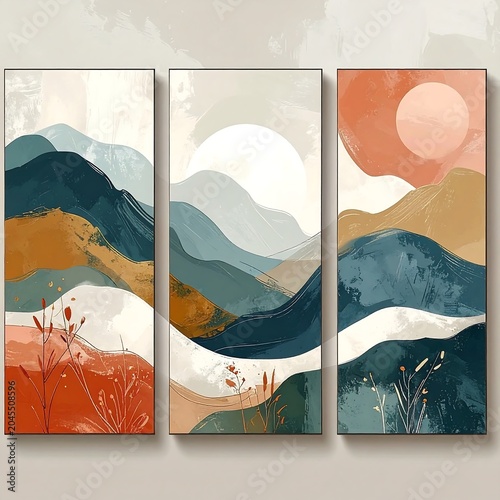 A triptych painting depicts stylized layered mountain ranges in pastel and bold colors with a sun or moon