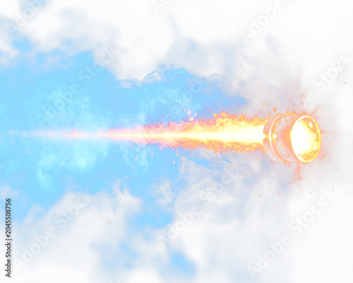 A projectile blazes through air, leaving a smoky blue trail and a fiery burst of light behind it