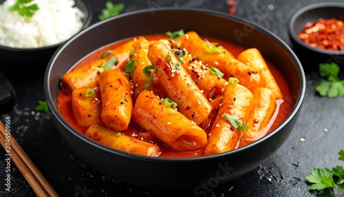 Tteokbokki Chewy rice cakes simmered in a spicy, vibrant red sauce, sprinkled with sesame seeds and green onions