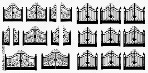 Set of various ornate black and white wrought iron gates with intricate designs, isolated on a transparent background.