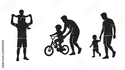 Silhouettes of fathers engaging with children teaching bike riding, shoulder carrying, and walking hand-in-hand, symbolizing paternal love, guidance, and family connection