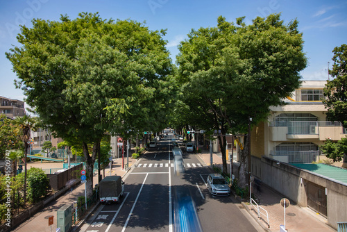 A cityscape of traffic jam at the downtown street in Tokyo wide shot